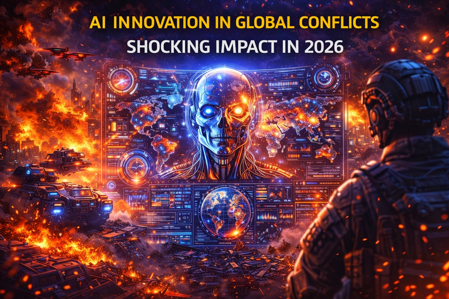 AI innovation in global conflicts concept showing futuristic technology, digital world map, and artificial intelligence systems influencing global strategy