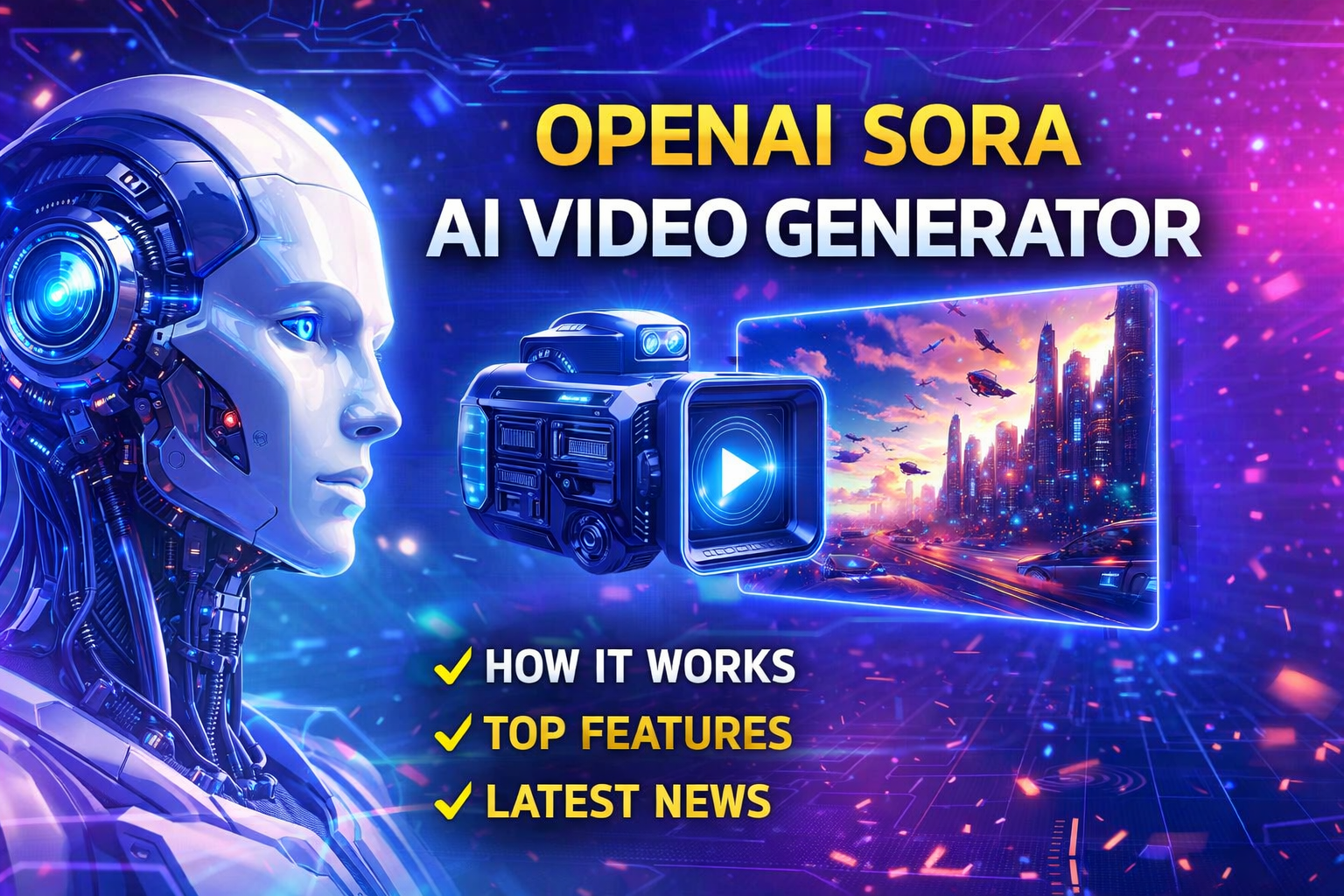OpenAI Sora AI video generator creating futuristic cinematic video scene from text prompt with glowing digital interface and advanced AI technology visuals