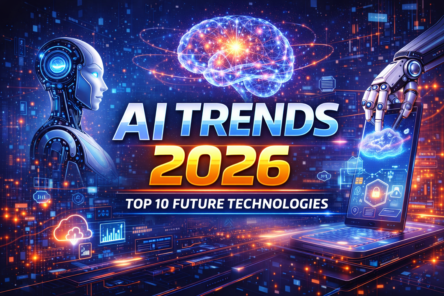 AI trends 2026 concept showing futuristic artificial intelligence technology with digital brain, robotics, and advanced innovation in a smart digital environment