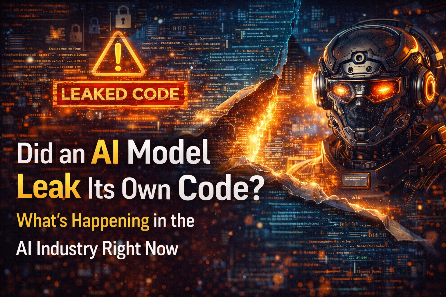 AI code leak concept showing futuristic artificial intelligence system with digital glitch effects and data exposure theme in a cyber security environment