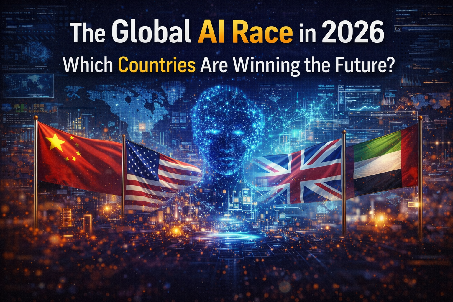 Global AI race 2026 showing USA, China, UK and UAE competing in artificial intelligence with futuristic digital technology background