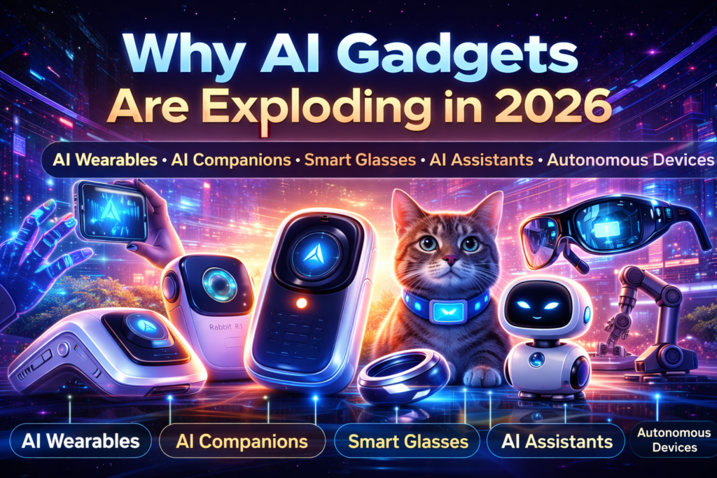 Why AI Gadgets Are Exploding in 2026 featuring futuristic AI wearables, AI companions, smart glasses, AI assistants, and autonomous devices