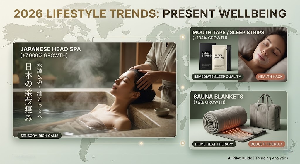 A 2026 lifestyle trend board featuring Japanese Head Spas, Sauna Blankets, and Mouth Tape with growth statistics for the 'Present Wellbeing' movement.