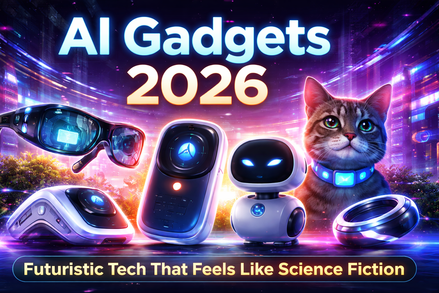AI Gadgets 2026 featured image showing futuristic AI wearables, smart glasses, AI assistants, and PettiChat AI pet translator technology