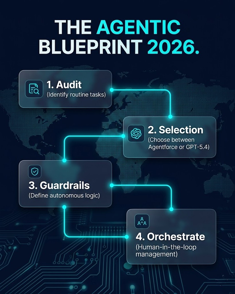A high-end professional infographic titled 'The Agentic Blueprint 2026' mapping the 4 steps to building a silicon-based workforce: Audit, Selection, Guardrails, and Orchestrate.