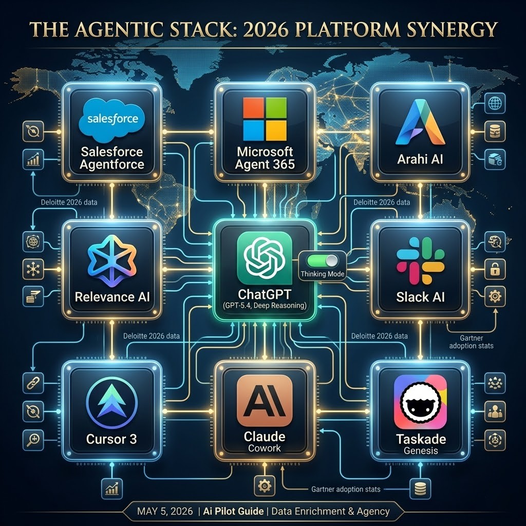 High-end 2026 infographic titled "The Agentic Stack" showcasing the Top 9 AI platforms including Salesforce Agentforce, GPT-5.4 with Thinking Mode, and Microsoft Agent 365 in a sleek technical grid layout.