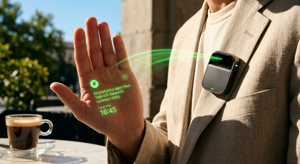 Premium outdoor lifestyle photograph of the 2026 Humane Ai Pin 2 projecting a bright green Laser Ink display perfectly onto a palm in a sunny Madrid cafe, highlighting fixed visibility issues.
