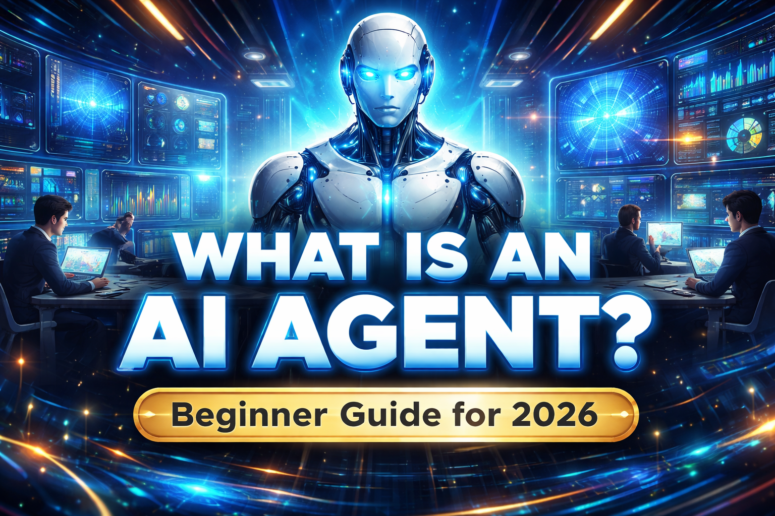 What is an AI agent in 2026 explained with a futuristic AI robot and autonomous digital workspace
