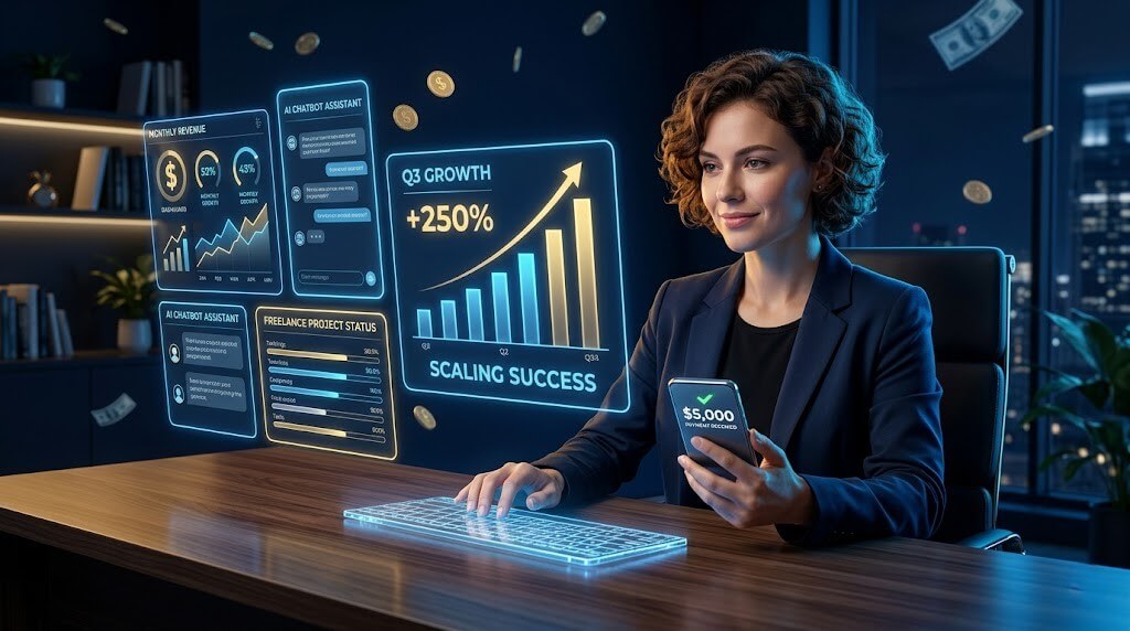 how to make money with AI in 2026 showing a professional earning income online using AI tools and futuristic technology
