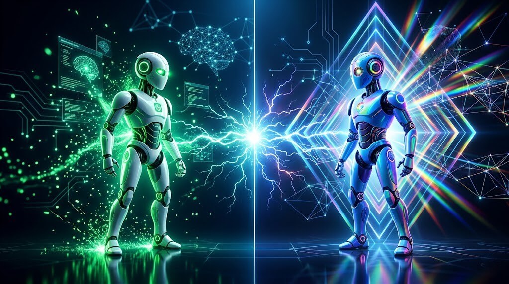 ChatGPT vs Gemini 2026 epic AI battle comparison showing two AI robots in a cinematic showdown with holographic data and neon lighting