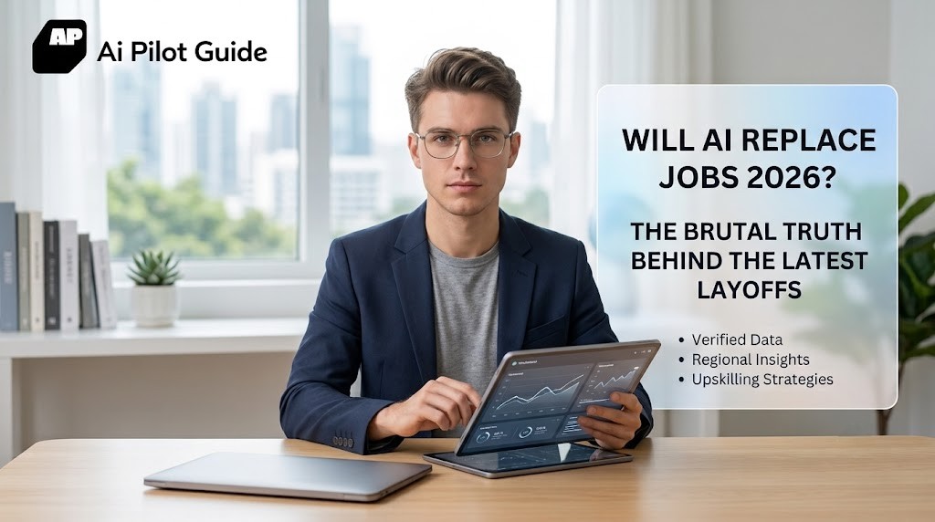 A professional tech blogger analyzing real-time labor market charts on a tablet, featuring an official Ai Pilot Guide logo and title overlay reading: Will AI Replace Jobs 2026? The Brutal Truth Behind the Latest Layoffs.