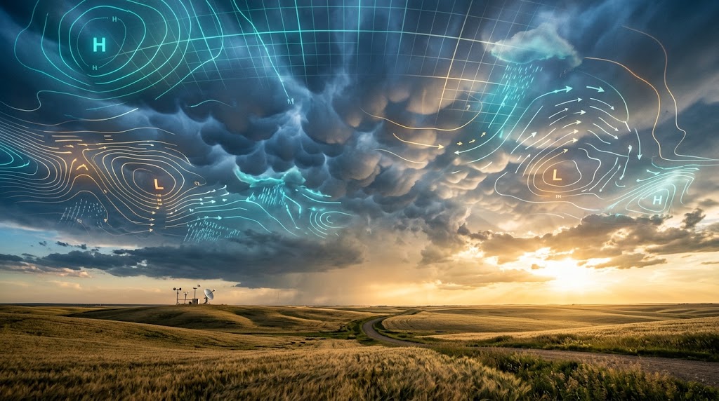 AI weather forecasting 2026 showing dramatic storm clouds over landscape with holographic atmospheric data overlays glowing in the sky