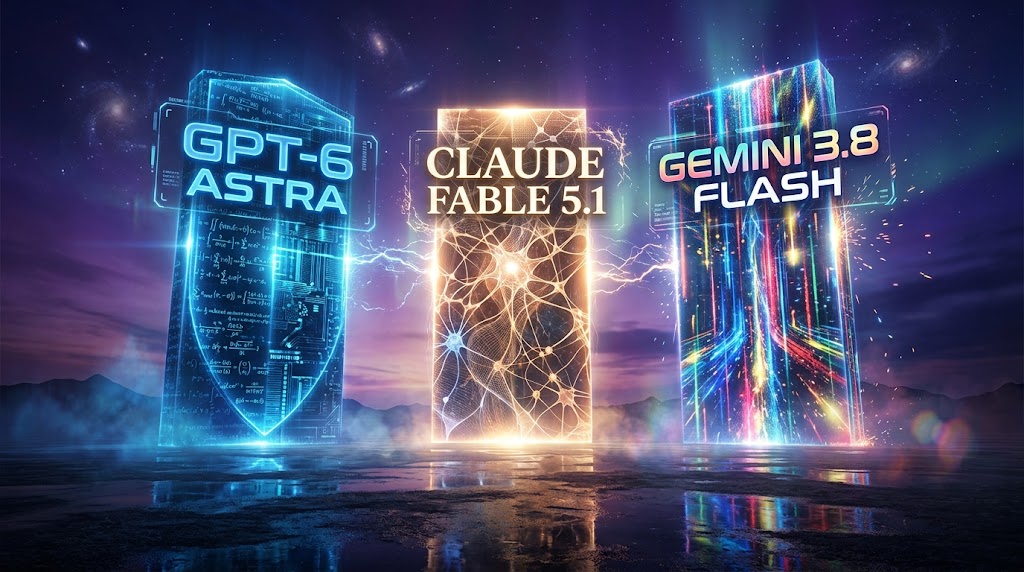 GPT-6 Astra vs Claude Fable 5.1 vs Gemini 3.8 Flash comparison showing three glowing AI model monoliths in epic cinematic battle landscape September 2026